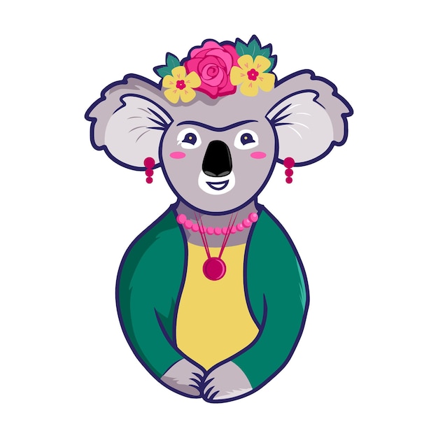 Graphic logo of a koala in the form of a symbol of the artist Frida Kahlo Portrait of an animal