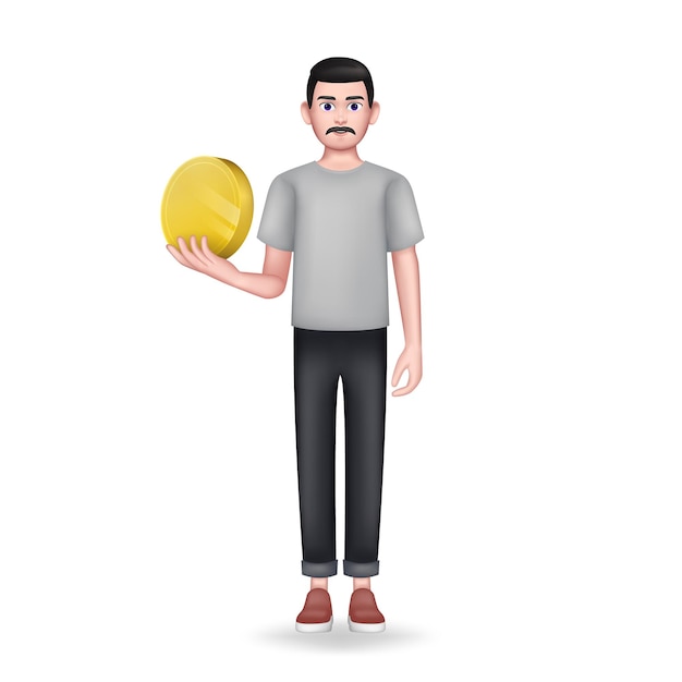 Graphic man holding gold coin full length character on white background