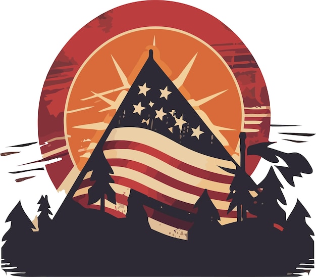 A graphic of a mountain with the american flag in the foreground.