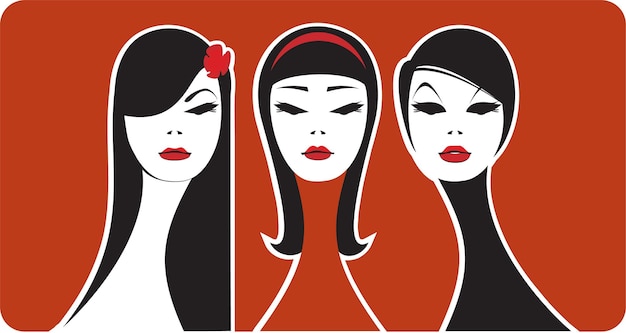 Graphic portraits of three beautiful women over the red background