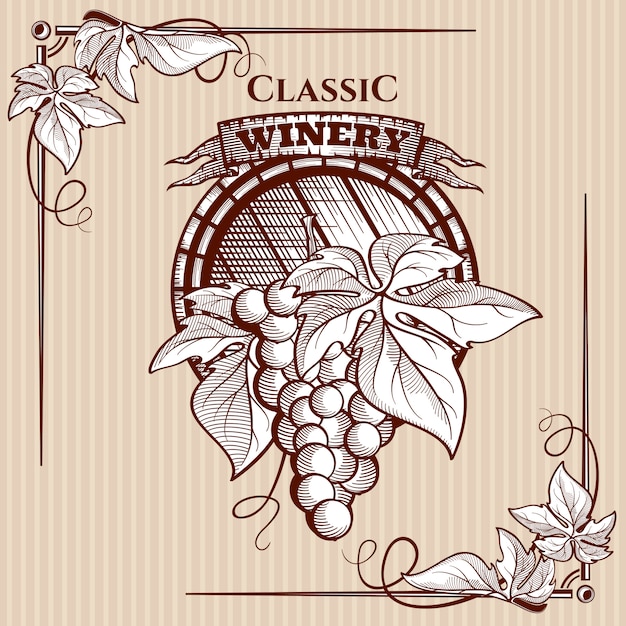 Graphic poster with grapes bunch and vine elements