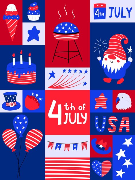 Vector graphic poster with national symblos of usa independence day greeting card for 4th of july balloons cake stars flags patriotic elements in flat cartoon style bright color vector illustration
