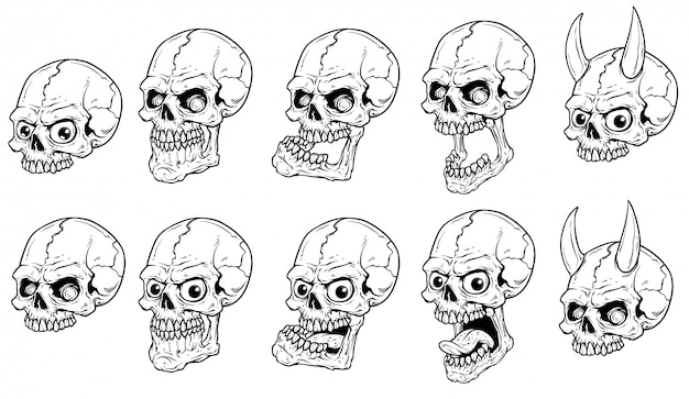 Набор векторных графических реалистичных страшных человеческих черепов