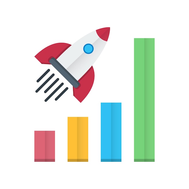 A graphic of a rocket with a bar chart showing the growth of the bar chart.