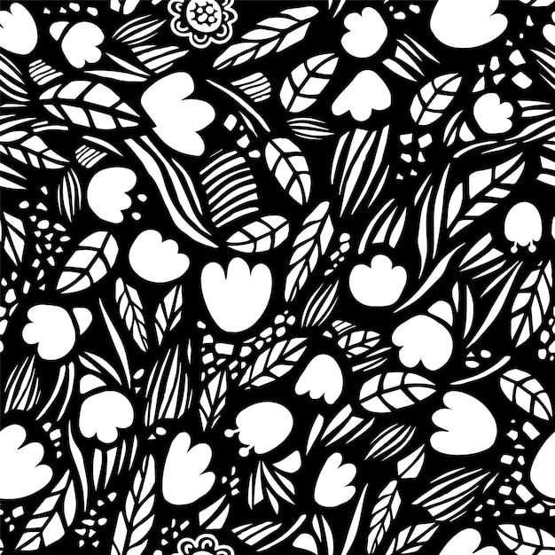 Graphic seamless pattern print of flowers Vector flat black and white hand drawn illustration