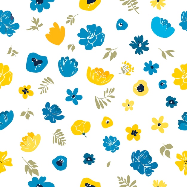 Graphic seamless pattern with the image of blue and yellow flowers vector illustration isolated