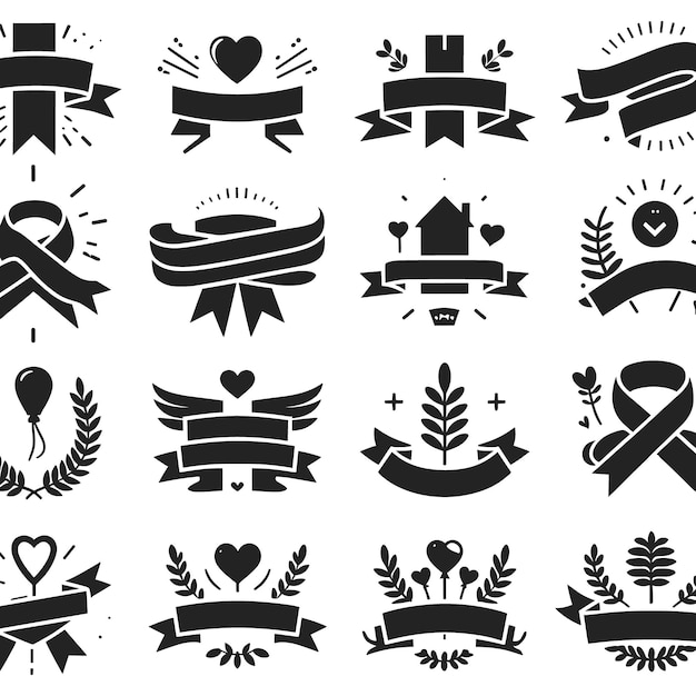 Graphic set of ribbon vector icons silhouette white background