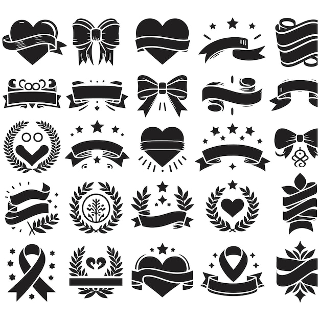 Graphic set of ribbon vector icons silhouette white background