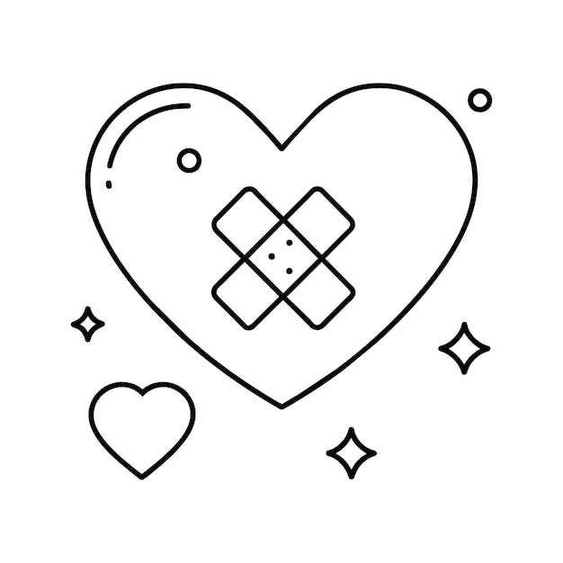 包帯とシンボルに囲まれた心臓の輪郭を示すグラフィック