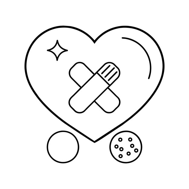 包帯とシンボルに囲まれた心臓の輪郭を示すグラフィック