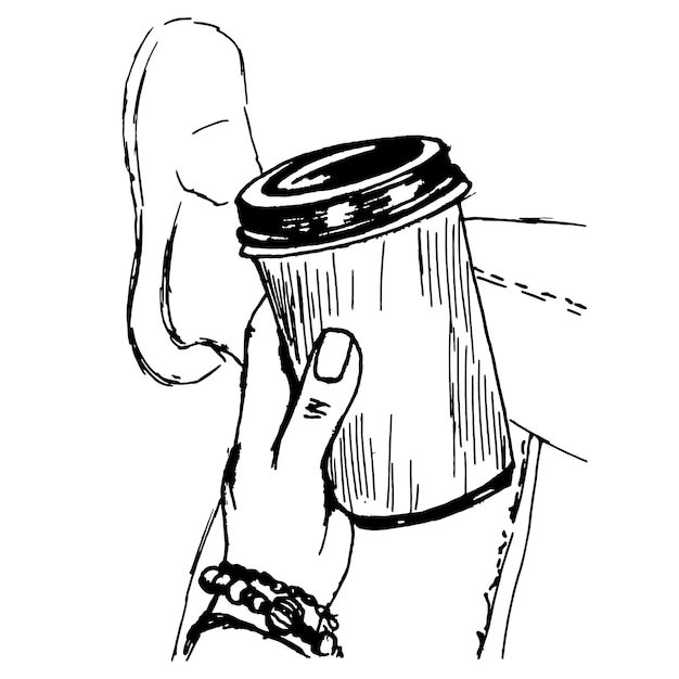 Графический силуэт руки девушки на колене с кружкой кофе в руках