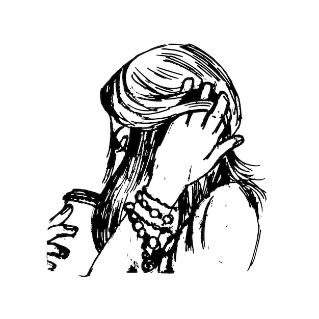 Graphic silhouette of a girl with long hair who drinks coffee