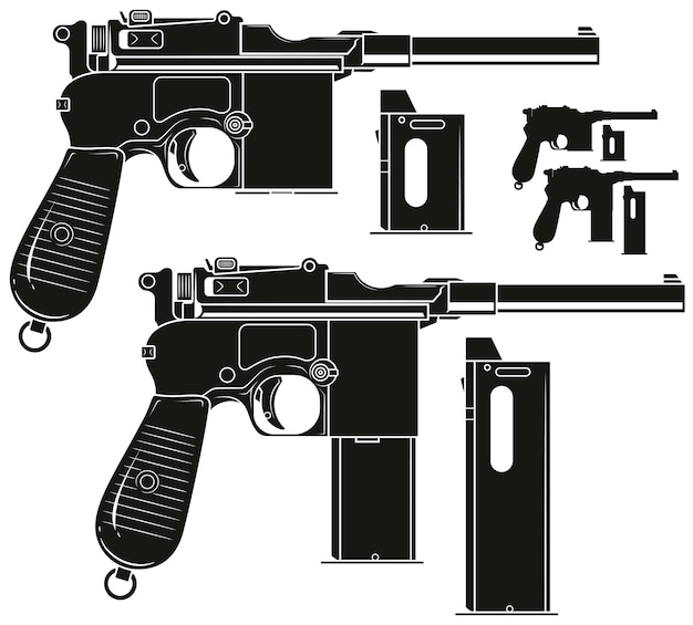 Вектор Графический силуэт старого пистолета с боеприпасом