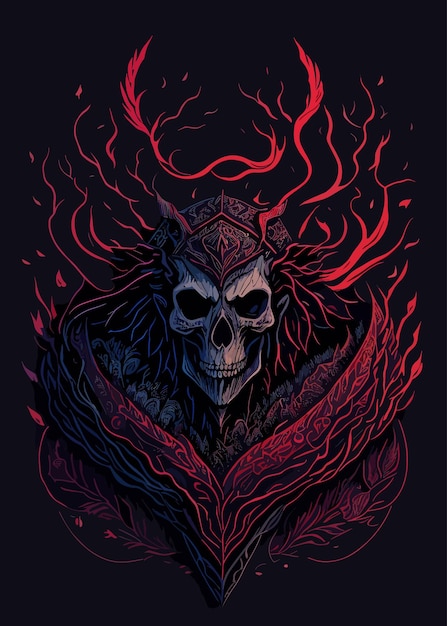 A graphic of a skull with horns and flames