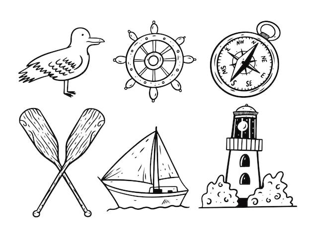 Vector graphic style doodle sea objects set.