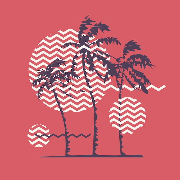 Graphic t-shirt geometric design with stylized palm trees on the topic of summer, holidays, beach, seacoast, tropics. Vector illustration.