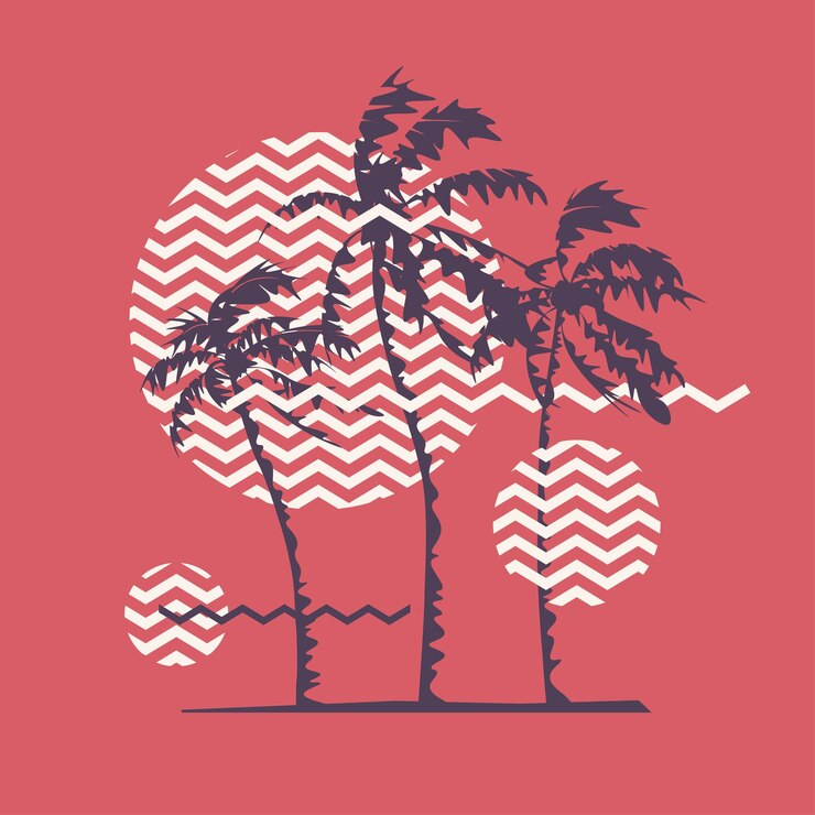 Vector graphic t-shirt geometric design with stylized palm trees on the topic of summer, holidays, beach, seacoast, tropics. vector illustration.
