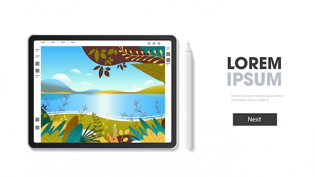graphic tablet with beautiful landscape wallpaper on screen isolated on white wall