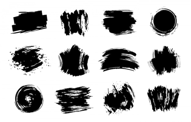 Graphic texture elements. Grunge stroke, artistic texture brush strokes, dirty line  element   set. Different black swatches on white background. Messy blots and spots