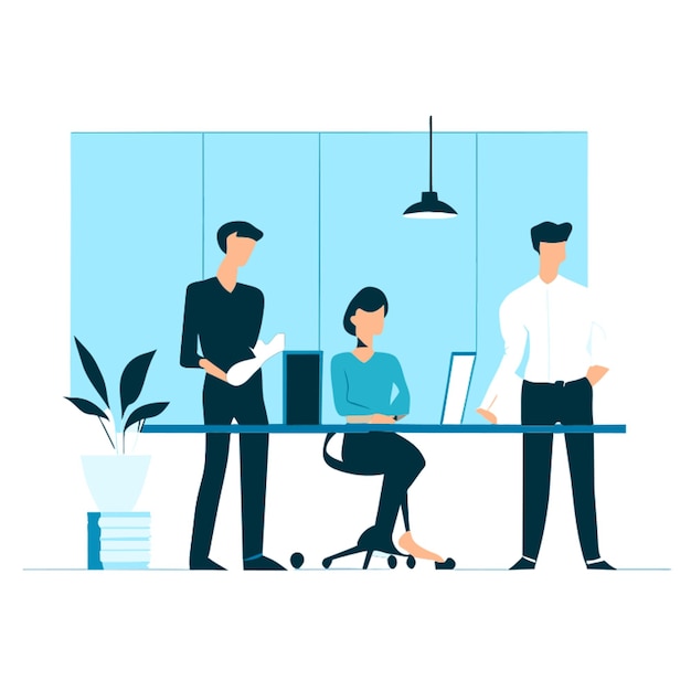 a graphic that shows successful and happy people standing at an in the office with computers