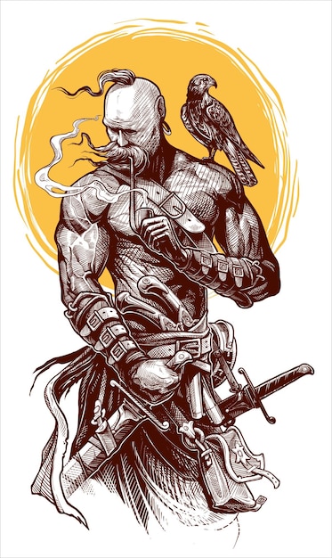 Graphic ukrainian cossack warrior holding sword