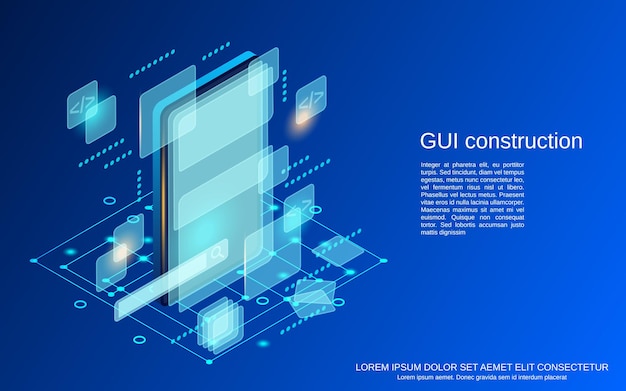 Graphic user interface construction flat isometric vector concept illustration