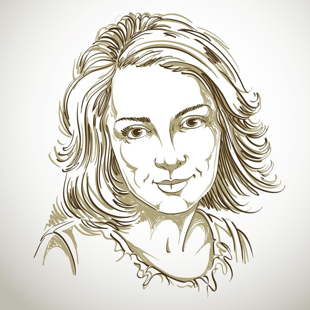 Vettore illustrazione grafica vettoriale disegnata a mano di pelle bianca attraente signora malinconica con elegante taglio di capelli. le persone affrontano le espressioni.