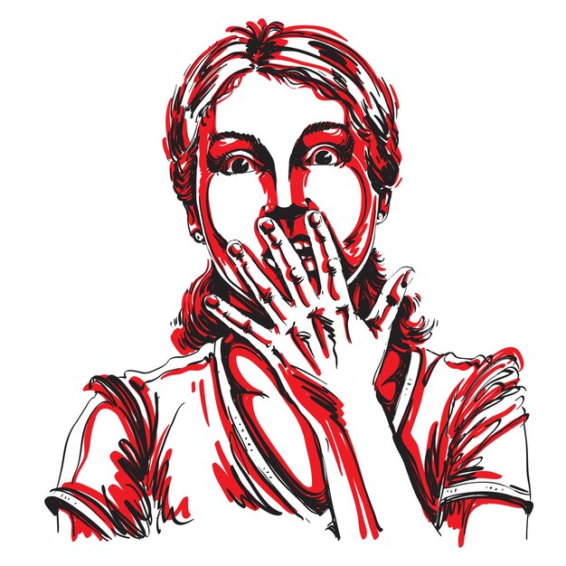 Vector graphic vector hand-drawn illustration of white skin impressed lady gesturing with hands. people face expressions. terrified girl portrait.