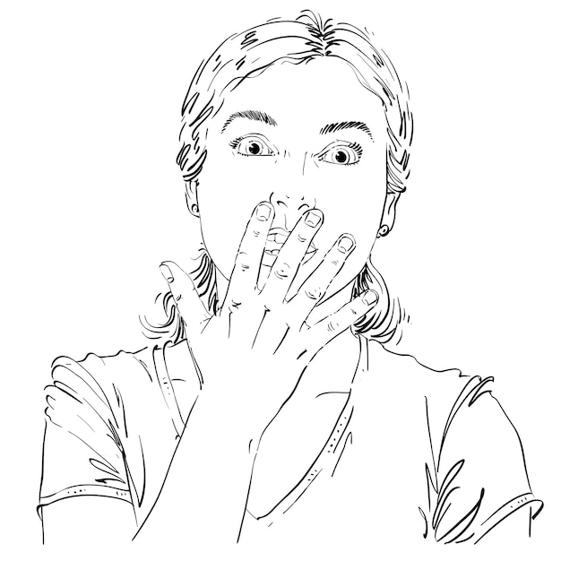 Vector graphic vector hand-drawn illustration of white skin impressed lady gesturing with hands. people face expressions. terrified girl portrait.