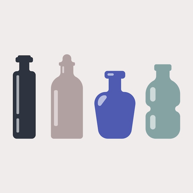 Vector graphic vector illustration of bottles of different shapes and colors on a beige background