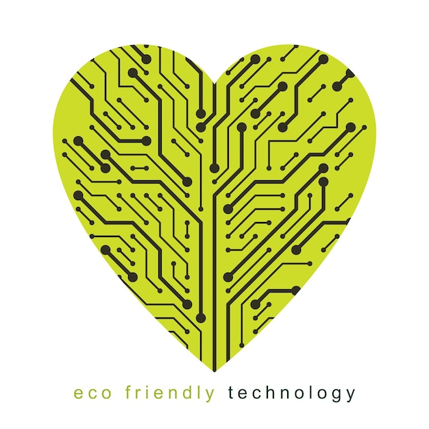 Graphic vector illustration of romantic heart created in communication technology design. Sustainable energy solutions idea.