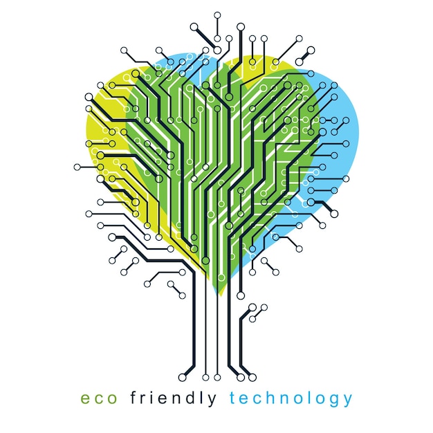 Graphic vector illustration of tree in the shape of romantic heart created in communication technology design. eco friendly technology concept.