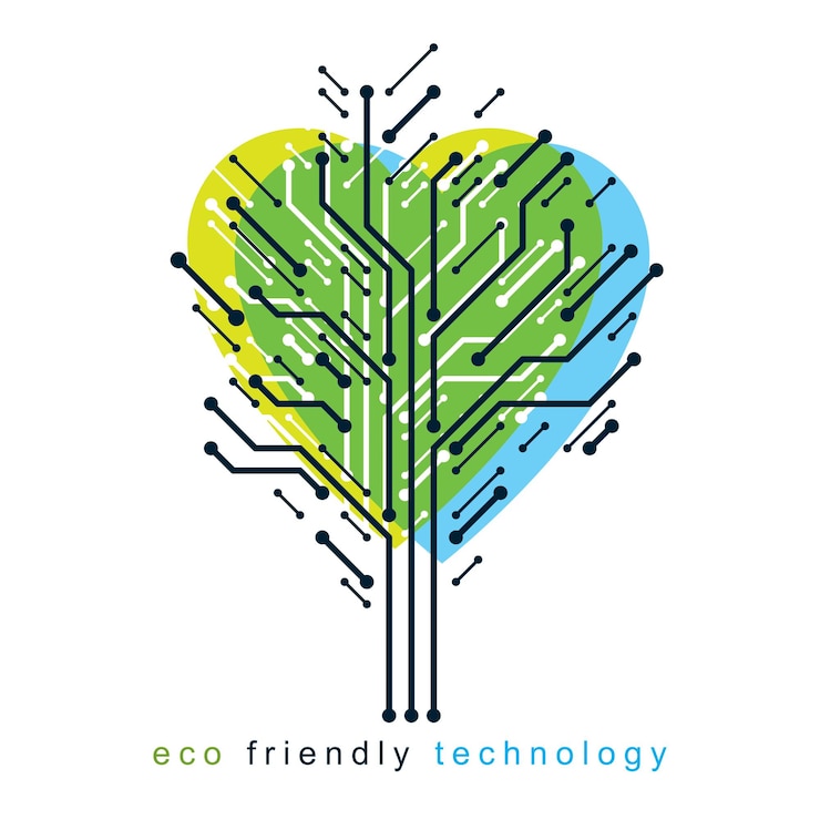 Vector graphic vector illustration of tree in the shape of romantic heart created in communication technology design. eco friendly technology concept.
