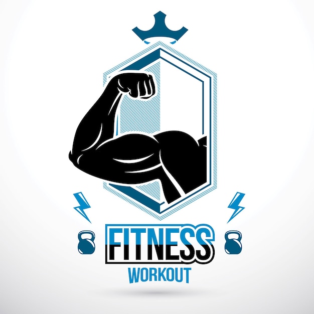 Graphic vector sign created with strong athlete biceps arm, royal crown and kettle bell sport equipment. Gym and fitness symbol template