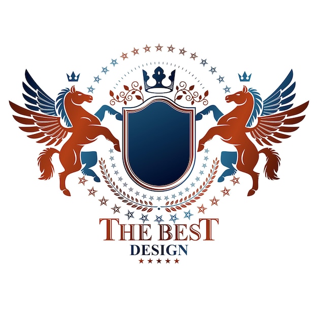 Graphic vintage emblem composed with winged Pegasus ancient animal element, royal crown and pentagonal stars. Heraldic vector design element. Retro style label, heraldry logo.