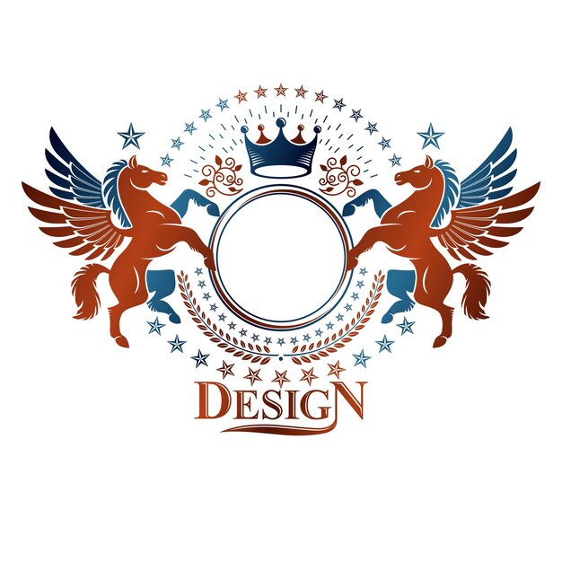 날개 달린 페가수스 고대 동물 요소, 왕관 및 오각형 별으로 구성된 그래픽 빈티지 엠블럼. 전 령 벡터 디자인 요소입니다. 복고 스타일 레이블, 문장 로고입니다.