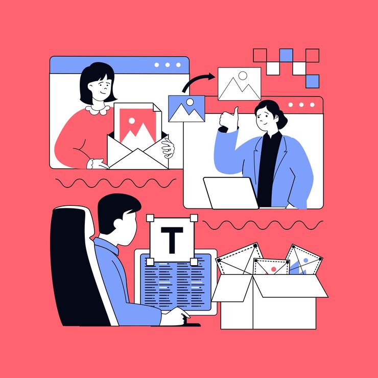 Vector graphic web design concept for modern website design people creating wireframe layouts coding on platform working with project multimedia sharing images and text elements vector illustration