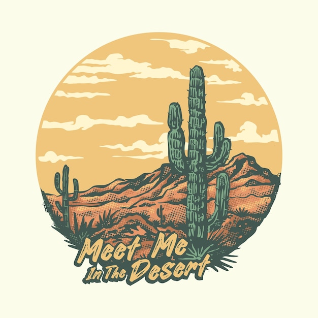 A graphic of a wild west desert landscape with a cactus and mountains in the background