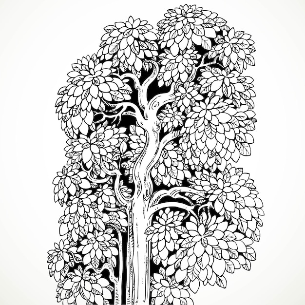 무성한 나뭇가지와 l이 있는 검정 잉크 나무를 그래픽으로 그리기
