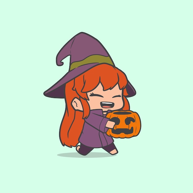 Vector graphics cartoon witching holding pumpkin a bucket