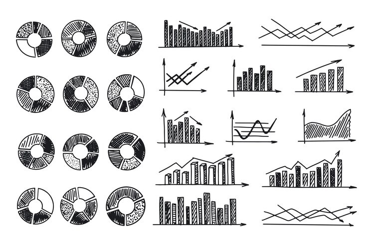 Vector graphs and charts icons set hand drawn