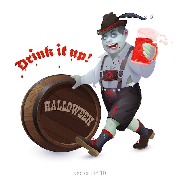 Grappig en eng halloween-personage met een dode huid. zombie duwt een houten vat en houdt een mok bloedcocktail vast.
