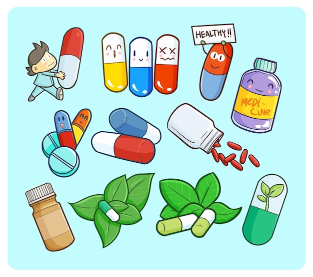 Vector grappig en schattig medicijnthema in eenvoudige doodle-stijl