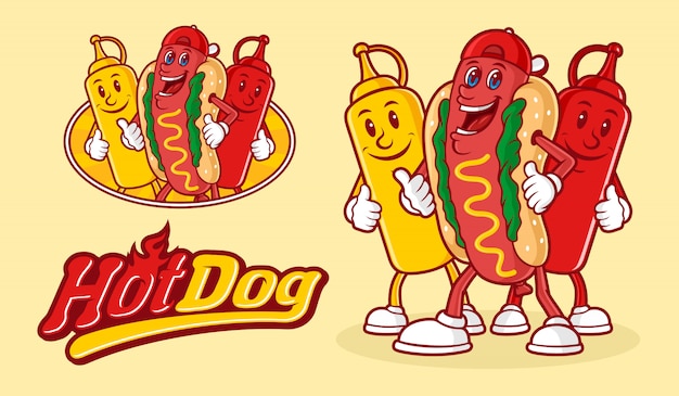 Vector grappig hotdogkarakter met twee flessen saus en typografie