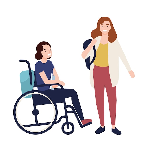 Grappig jong meisje dat in een rolstoel zit en met haar vriend of klasgenoot praat. tiener, vrouwelijke student of leerling met een lichamelijke handicap en schoolintegratie. platte cartoon kleurrijke vectorillustratie.