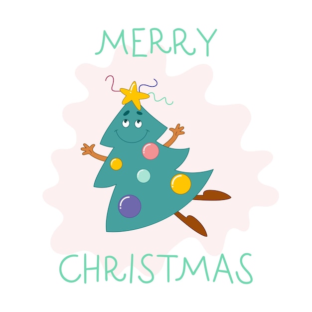 Grappig kerstboomkarakter met een gezicht en emoties Cartoonstyle Merry Christmas Vector illustration