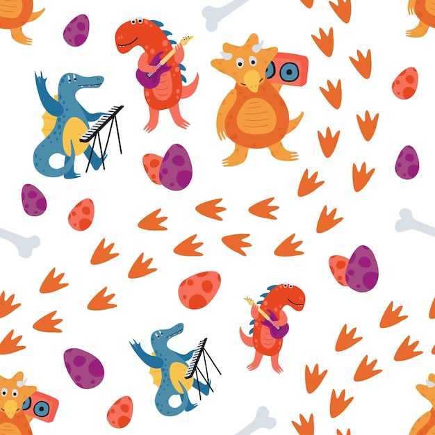Grappig naadloos patroon met dinosaurussen op witte achtergrond. textuur met trendy karakters voor het ontwerp van kindertextiel, behang, verpakkingspapier. vector illustratie