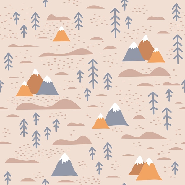 Grappig schattig naadloos patroon als achtergrond met bergen en bulten met sparren