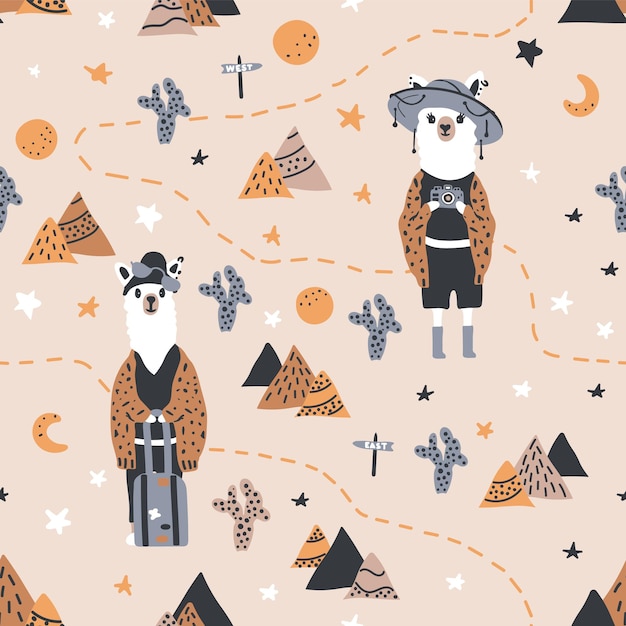 Grappig schattig naadloos patroon met een lama in een hoed tegen een achtergrond van bergencactussen en sterren