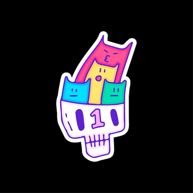 Grappig schedelhoofd met kleurrijke katten, illustratie voor t-shirt, sticker